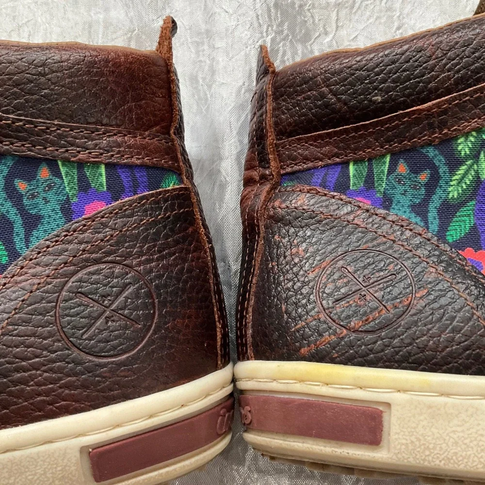 Inkkas Brown Leather Floral Cat Print High Top Sneakers Boots Womens 10 Mens 8